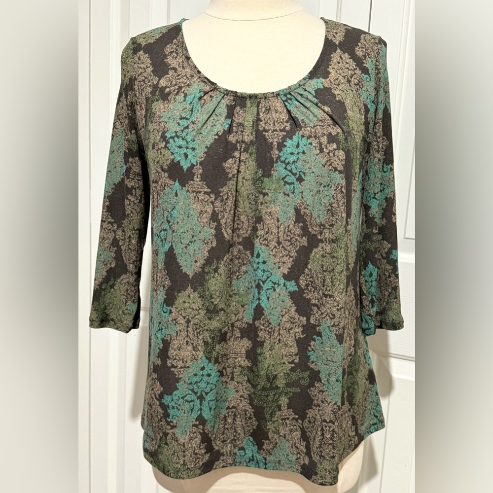 2 for $20 Tops J Jill Gathered Stretch Knit 3/4 Sleeves Gray Tan Green Aqua SZ M